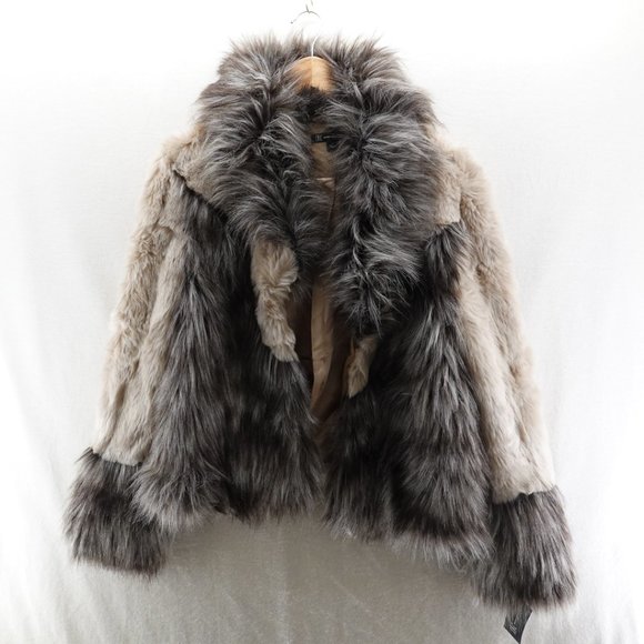 INC Womens Faux Fur Hook-And-Eye Closure Color Block Jacket Beige - Picture 7 of 11